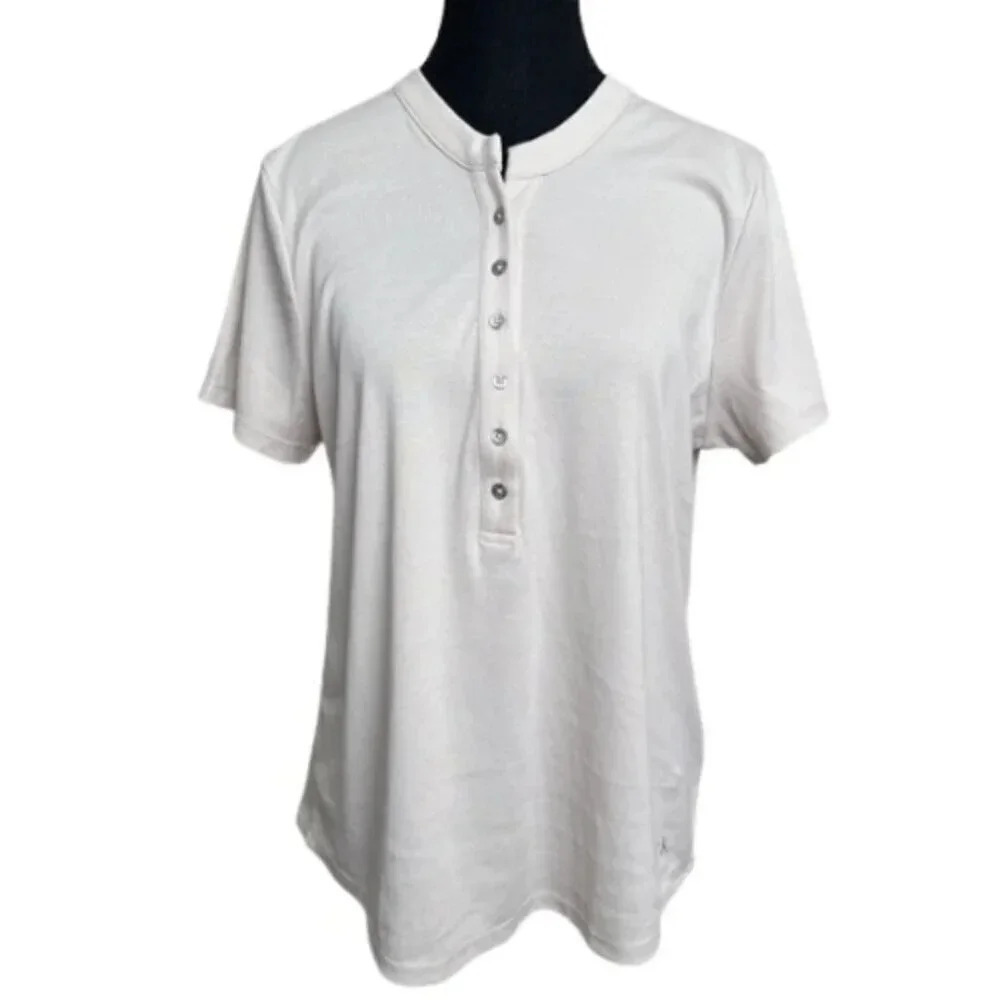 Calvin Klein Jeans Womens Large Jersey Buton Neck Beige Shirt